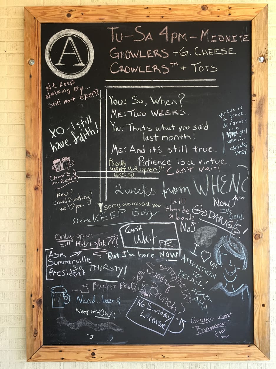 The chalkboard out front in October 2016, a week before opening: “You: So, when? Me: Two weeks.”